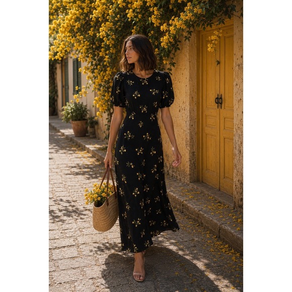 Reformation Dresses & Skirts - Reformation Jeans Black Floral Maxi Dress Size S NWOT Puff Sleeve EcoVero